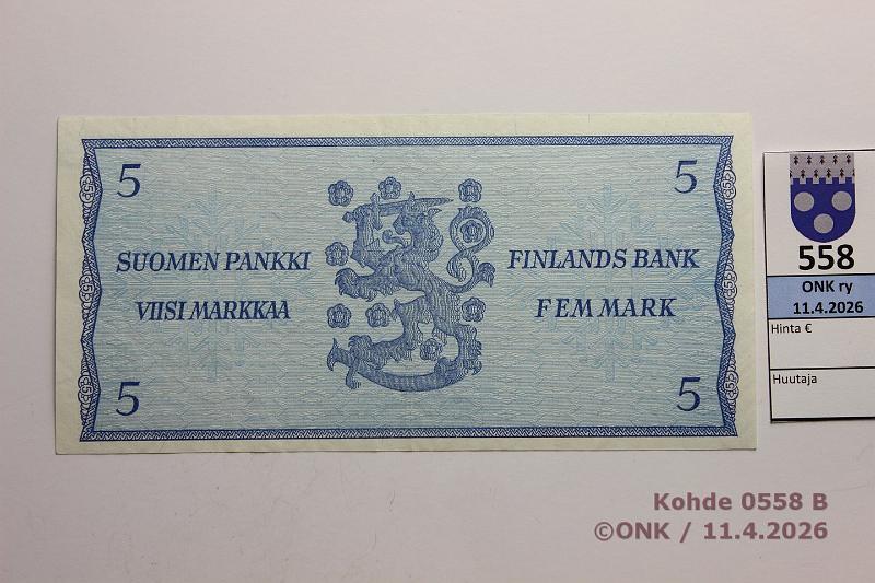k-0558-b.jpg - Kohde 558 (kuva 2/2), l�ht�hinta: 8 &euro; / ei tarjouksia 5 mk 1963 LA I* SNY 135.4.5 I0304762* KA I-Luu, korvaava, kunto: 5