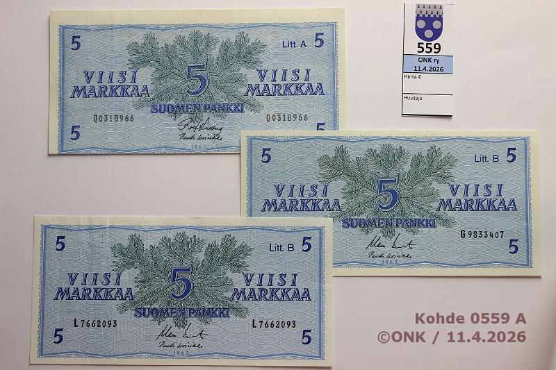 k-0559-a.jpg - Kohde 559 (kuva 1/2), l�ht�hinta: 5 &euro; / myyntihinta: 9 &euro; 5 mk 1963 LA+LB (1+2) LA Q..KU I-Ko1, leikkausvirhe;  LB  G..KO II-Ko1, L..KO II-Ko1, kunto: 5, 7, 5