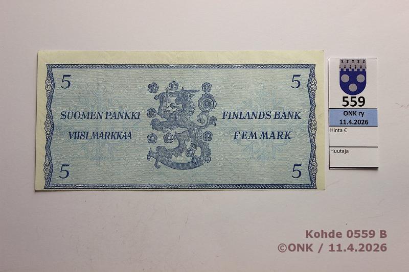k-0559-b.jpg - Kohde 559 (kuva 2/2), l�ht�hinta: 5 &euro; / myyntihinta: 9 &euro; 5 mk 1963 LA+LB (1+2) LA Q..KU I-Ko1, leikkausvirhe;  LB  G..KO II-Ko1, L..KO II-Ko1, kunto: 5, 7, 5