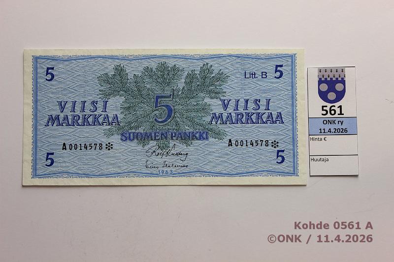 k-0561-a.jpg - Kohde 561 (kuva 1/2), l�ht�hinta: 18 &euro; / myyntihinta: 18 &euro; 5 mk 1963 LB A* SNY 135.6.1 A0014578* KU I-Hes, korvaava, kunto: 4