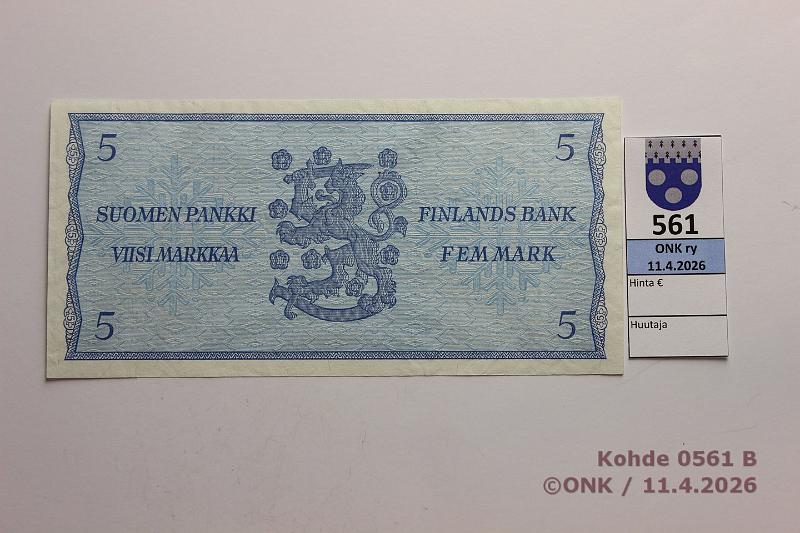 k-0561-b.jpg - Kohde 561 (kuva 2/2), l�ht�hinta: 18 &euro; / myyntihinta: 18 &euro; 5 mk 1963 LB A* SNY 135.6.1 A0014578* KU I-Hes, korvaava, kunto: 4
