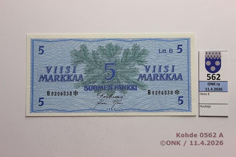 k-0562-a.jpg - Kohde 562 (kuva 1/2), l�ht�hinta: 10 &euro; / myyntihinta: 10 &euro; 5 mk 1963 LB B* SNY 135.6.2 B0206838* KU I-Nar, korvaava, kunto: 9