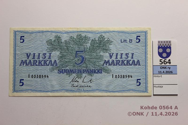 k-0564-a.jpg - Kohde 564, l�ht�hinta: 20 &euro; / ei tarjouksia 5 mk 1963 LB I-sarja SNY 135.6.4 I0338594 KO II-Ko1, korvaava, kunto: 4