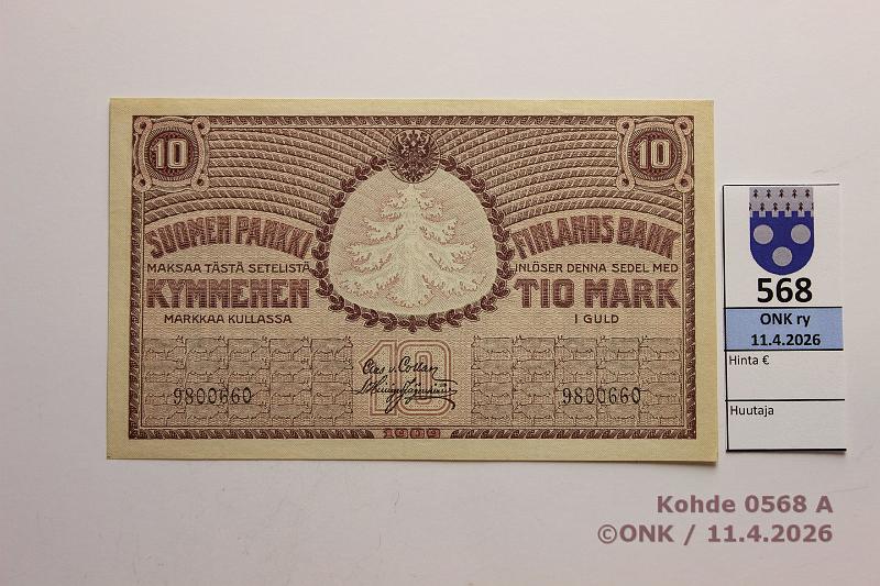 k-0568-a.jpg - Kohde 568 (kuva 1/2), l�ht�hinta: 200 &euro; / myyntihinta: 360 &euro;  10 mk   1909   SNY 141.1.2 9800660 COL-His, 3,5mm n:ot , kunto:  9 