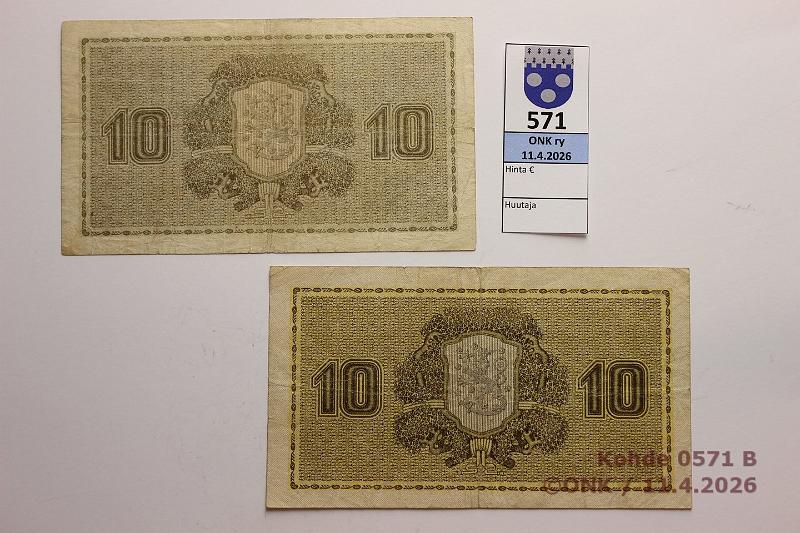 k-0571-b.jpg - Kohde 571 (kuva 2/2), l�ht�hinta: 5 &euro; / myyntihinta: 5 &euro; 10 mk 1922 (2) SNY 143.1+.4  ei Litt  S..HEU-The;  LC  A.. BUR-OAs , harv ak-pari (v), kunto: 3, 4