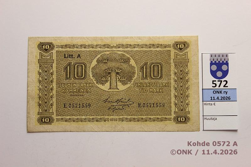 k-0572-a.jpg - Kohde 572 (kuva 1/2), l�ht�hinta: 10 &euro; / myyntihinta: 11 &euro; 10 mk 1922 LA SNY 143.2 E0571559 GR� II-OAs, kunto: 4