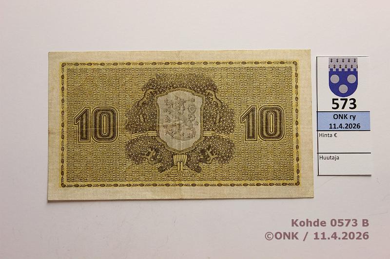k-0573-b.jpg - Kohde 573 (kuva 2/2), l�ht�hinta: 20 &euro; / myyntihinta: 20 &euro; 10 mk 1922 LB SNY 143.3 C0416676 HEU-OAs, kunto: 5