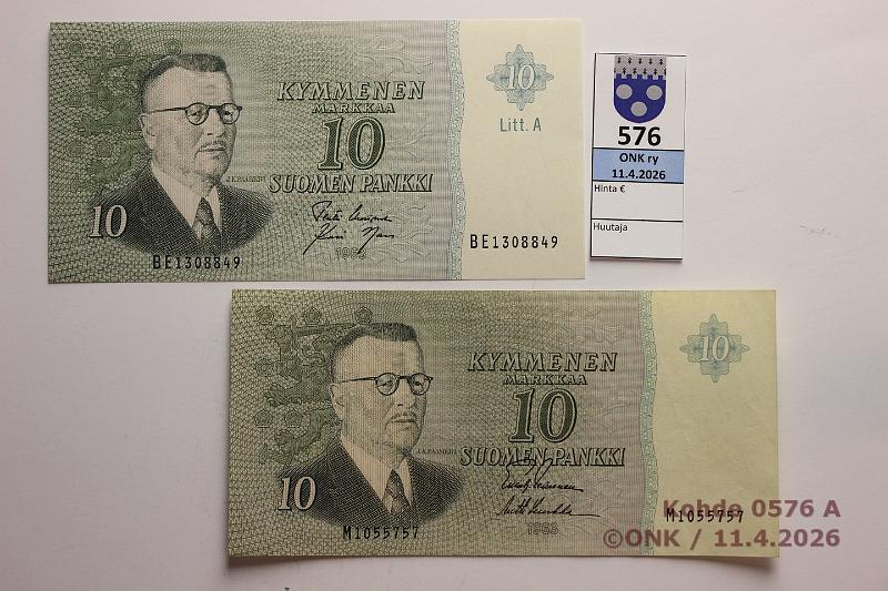 k-0576-a.jpg - Kohde 576 (kuva 1/2), l�ht�hinta: 15 &euro; / myyntihinta: 15 &euro; 10 mk 1963 (2) SNY 146.1.1+.3.1  ei Litt  M..LEI-Luu;  LA  BE..UUS-Nar, vl1, kunto: 4, 8