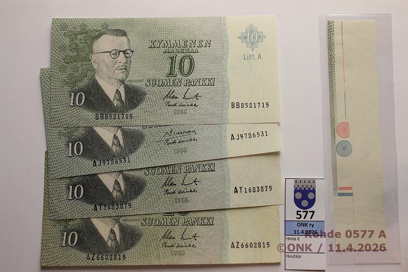 k-0577-a.jpg - Kohde 577, l�ht�hinta: 10 &euro; / myyntihinta: 12 &euro; 10 mk 1963 LA (4) SNY 146.3.1+.3  vl 1  AJ..SIM-Ko1, AT..KO II-Ko1, BB..KO II-Ko1;  vl 2  AZ..KO II-Ko1. Mukana 10mk arkin reunaa irrallisena, kunto: 9, 5, 9, 4