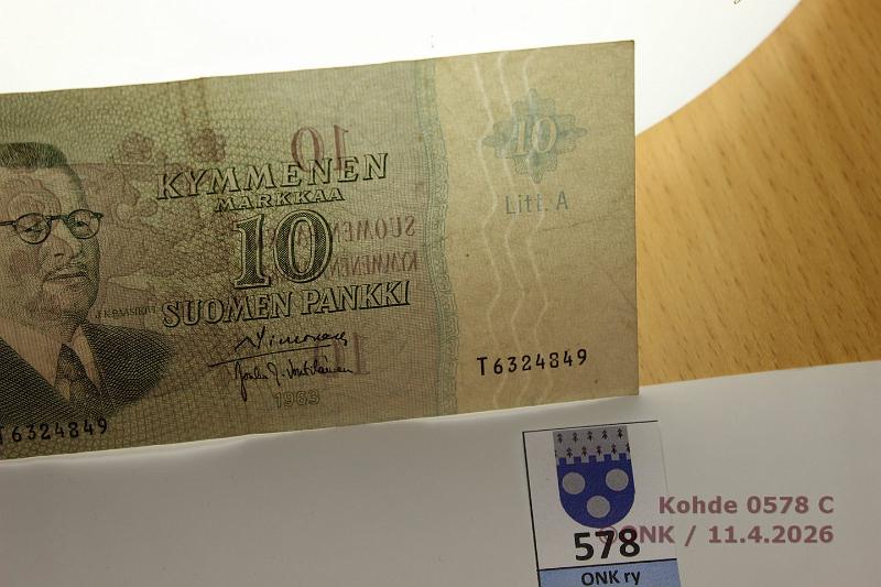 k-0578-c.jpg - Kohde 578 (kuva 3/3), l�ht�hinta: 15 &euro; / myyntihinta: 22 &euro; 10 mk 1963 LA SNY 146.3.3 T6324849 SIM-Vou, vl 2, tunnetaan 124 kpl, kunto: 4