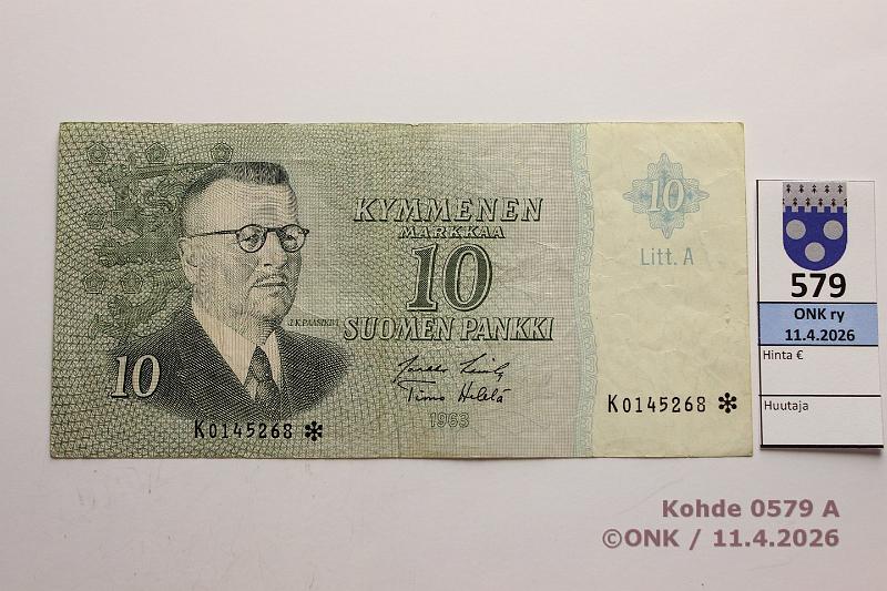 k-0579-a.jpg - Kohde 579, l�ht�hinta: 5 &euro; / myyntihinta: 5 &euro; 10 mk 1963 LA K* SNY 146.4.2 K0145268*  LAS-He� , harv ak-pari (v), korvaava, kunto: 4