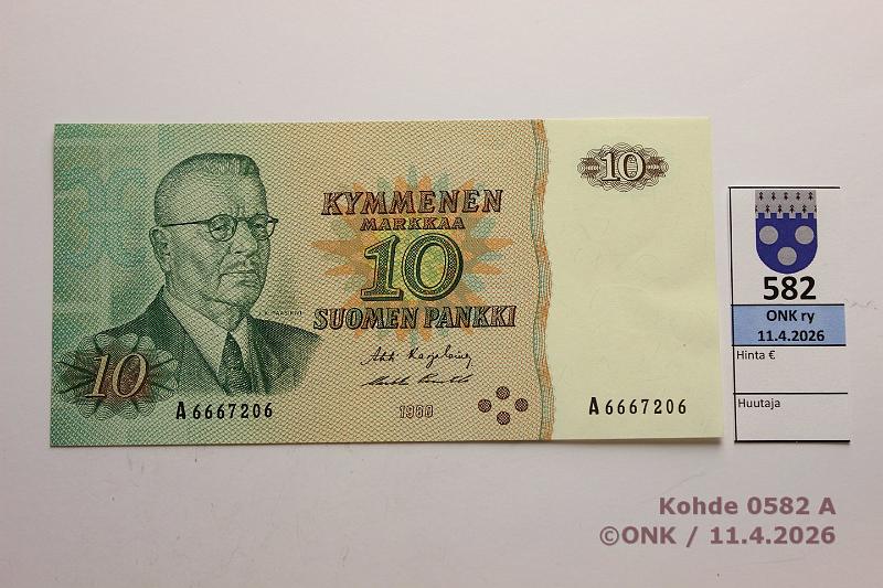 k-0582-a.jpg - Kohde 582 (kuva 1/2), l�ht�hinta: 5 &euro; / myyntihinta: 8 &euro; 10 mk 1980 SNY 147.1.1 A6667206 KA I-Pu1, painomustekaari kulmassa, n. 4mm leikkausvirhe, kunto: 9