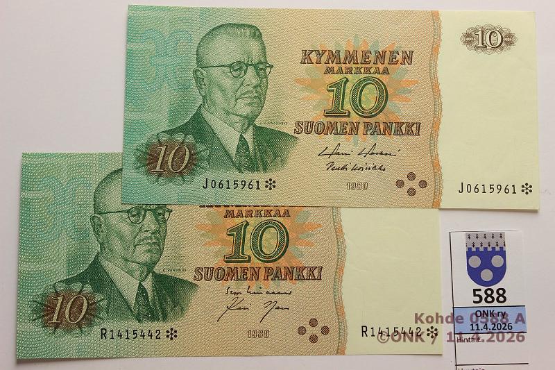 k-0588-a.jpg - Kohde 588, l�ht�hinta: 10 &euro; / myyntihinta: 10 &euro; 10 mk 1980 J*, R* SNY 147.2.4+.5  J* ..HOL-Ko1, painumia, ei taitteita;  R* ..LIN-Nar, korvaavia, kunto: 7, 5