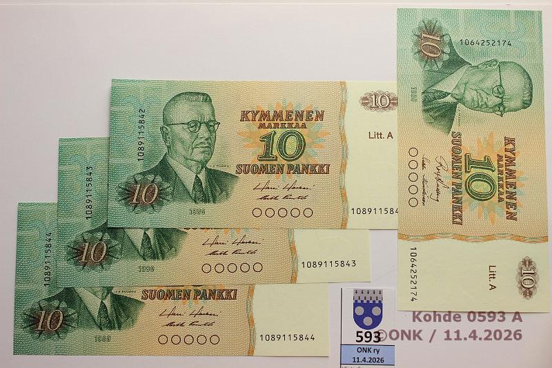 k-0593-a.jpg - Kohde 593, l�ht�hinta: 18 &euro; / myyntihinta: 18 &euro; 10 mk 1980 LA (4) SNY 147.3 1089115842-44 HOL-Pu1, per�kk�iset; 1064..KU I-H�1, kunto: 9