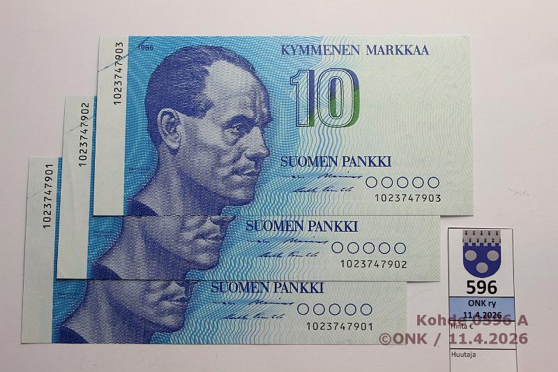 k-0596-a.jpg - Kohde 596, l�ht�hinta: 10 &euro; / myyntihinta: 10 &euro; 10 mk 1986 (3) SNY 148.1.1 1023747901-03 AL I-Pu1, per�kk�iset, vas yl�kulmassa painomustekaari, keskimm�isess� painumia, kunto: 8-9