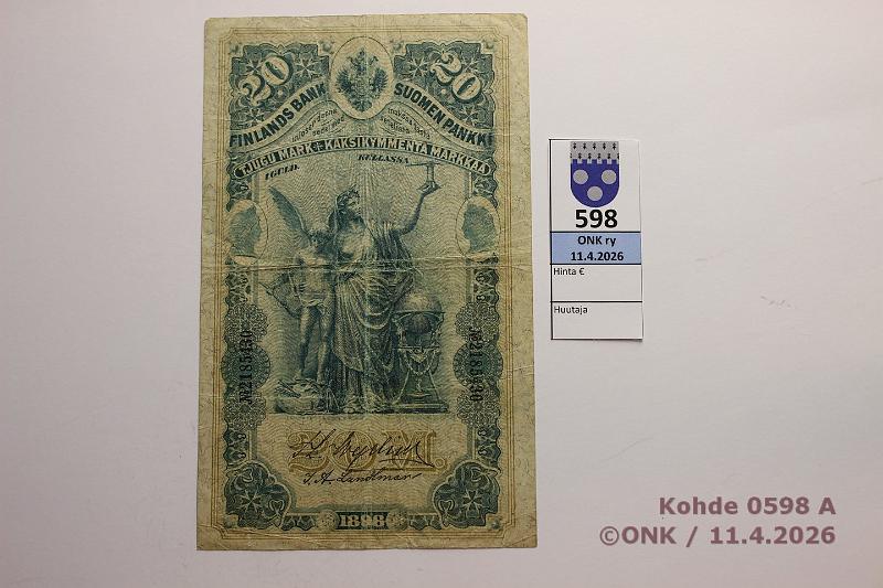 k-0598-a.jpg - Kohde 598 (kuva 1/2), l�ht�hinta: 80 &euro; / myyntihinta: 90 &euro; 20 mk 1898 SNY 154.2 2185430 WEG-Lan, kunto: 4