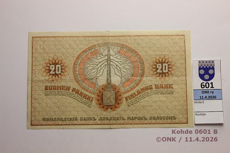 k-0601-b.jpg - Kohde 601 (kuva 2/2), l�ht�hinta: 40 &euro; / myyntihinta: 42 &euro; 20 mk 1909 KV SNY 156.3 9892716 BA I-His, kunto: 6