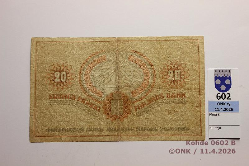 k-0602-b.jpg - Kohde 602 (kuva 2/2), l�ht�hinta: 100 &euro; / myyntihinta: 140 &euro;  20 mk   1909   3238468 J�R-The, Klingsten-Kirmanen -v��renn�s, rep� , kunto:  3 