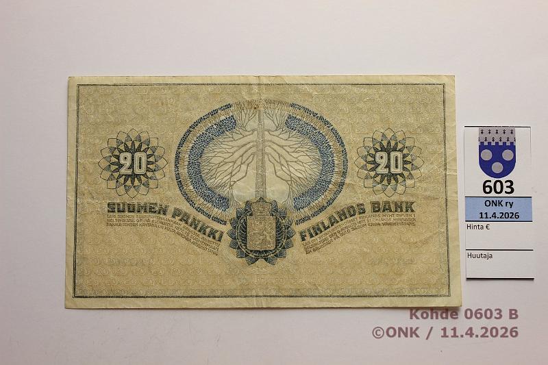 k-0603-b.jpg - Kohde 603 (kuva 2/2), l�ht�hinta: 25 &euro; / myyntihinta: 37 &euro; 20 mk 1918 SNY 157 4237766 STE-The, kunto: 4