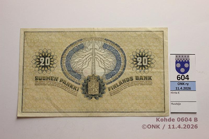 k-0604-b.jpg - Kohde 604 (kuva 2/2), l�ht�hinta: 25 &euro; / myyntihinta: 44 &euro; 20 mk 1918 SNY 157 0504709 STE-His, kunto: 4