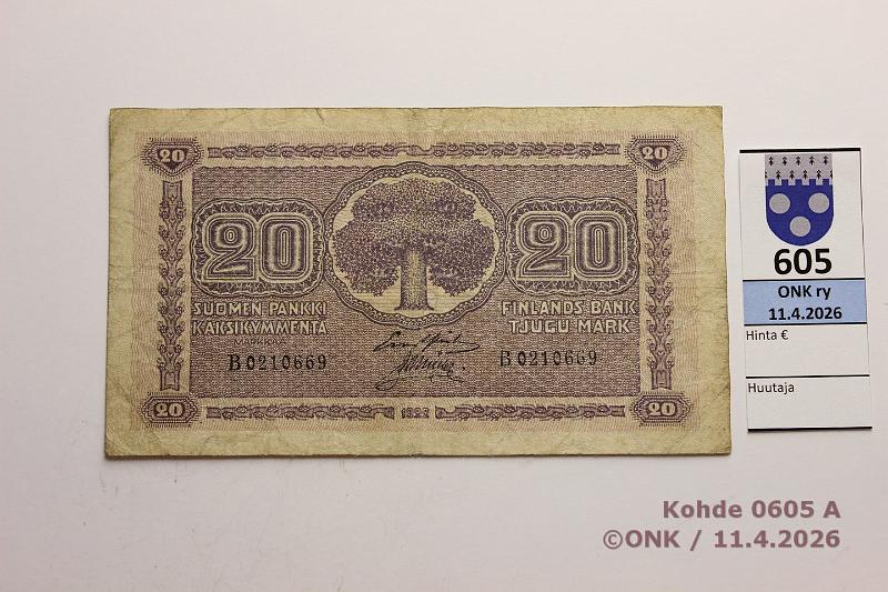 k-0605-a.jpg - Kohde 605 (kuva 1/2), l�ht�hinta: 30 &euro; / ei tarjouksia 20 mk 1922 SNY 158.1 B0210669 GR� I-M�l, 3mm rep, kunto: 3