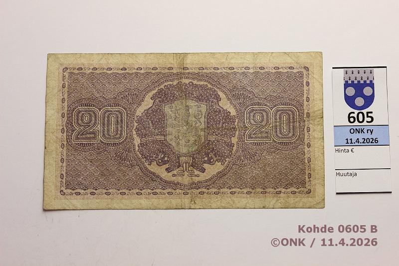 k-0605-b.jpg - Kohde 605 (kuva 2/2), l�ht�hinta: 30 &euro; / ei tarjouksia 20 mk 1922 SNY 158.1 B0210669 GR� I-M�l, 3mm rep, kunto: 3
