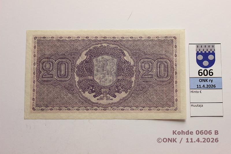 k-0606-b.jpg - Kohde 606 (kuva 2/2), l�ht�hinta: 200 &euro; / ei tarjouksia 20 mk 1922 SNY 158.1 D0312202 RYT-The, t�lle vuodelle tyypillist� vesileima-aaltoa ja hyvin kevyt kulmataite, kunto: 8