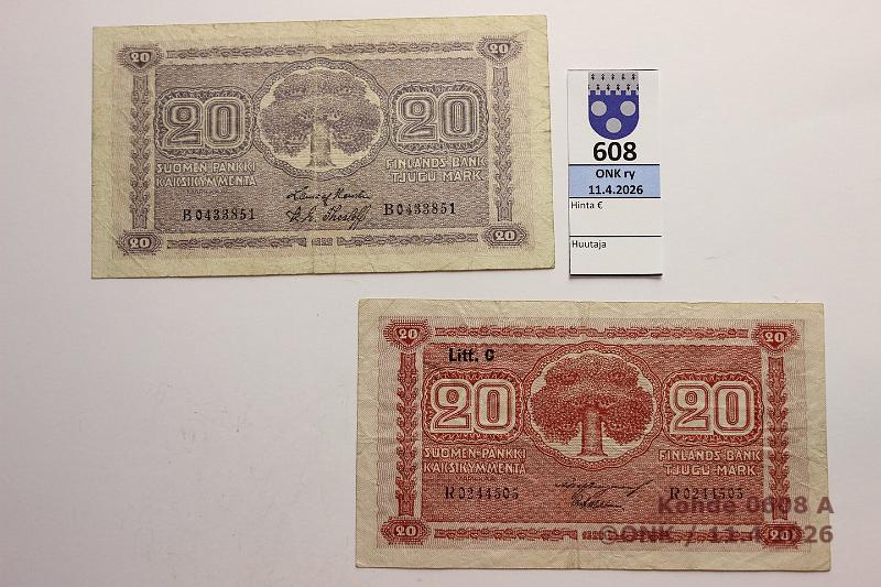 k-0608-a.jpg - Kohde 608, l�ht�hinta: 10 &euro; / myyntihinta: 10 &euro; 20 mk 1922 ja LC SNY 158.1+.4  ei Litt  B0433851 HEU-The;  LC  R0244505 BUR-Wah , kunto: 3, 4