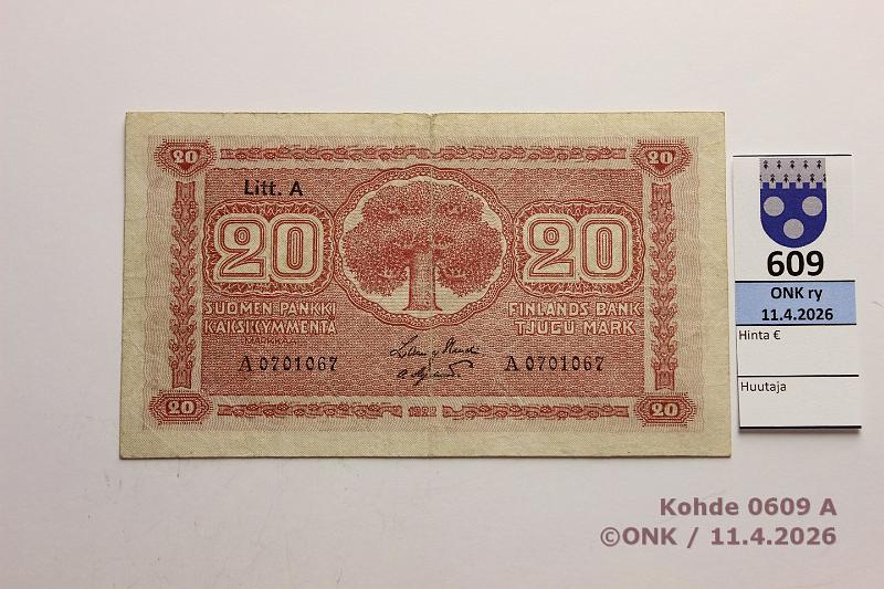 k-0609-a.jpg - Kohde 609 (kuva 1/2), l�ht�hinta: 40 &euro; / myyntihinta: 46 &euro; 20 mk 1922 LA SNY 158.2 A0701067 HEU-OAs, kunto: 4