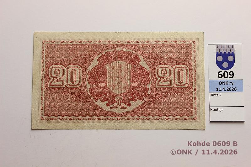 k-0609-b.jpg - Kohde 609 (kuva 2/2), l�ht�hinta: 40 &euro; / myyntihinta: 46 &euro; 20 mk 1922 LA SNY 158.2 A0701067 HEU-OAs, kunto: 4