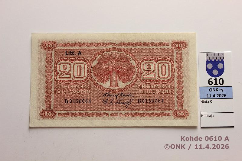 k-0610-a.jpg - Kohde 610 (kuva 1/2), l�ht�hinta: 350 &euro; / myyntihinta: 350 &euro; 20 mk 1922 LA SNY 158.2 B0156064 HEU-The, kevyt painauma, ex-SNY 554/2002, kunto: 9