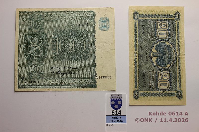 k-0614-a.jpg - Kohde 614 (kuva 1/2), l�ht�hinta: 5 &euro; / myyntihinta: 5 &euro; 20 + 100 mk 1945 LA, LB SNY 160.1.1, 180.2.1  20mk  LA A..RAI-AAs;  100mk  LB A..KEK-Car, eprep, kunto: 5, 4