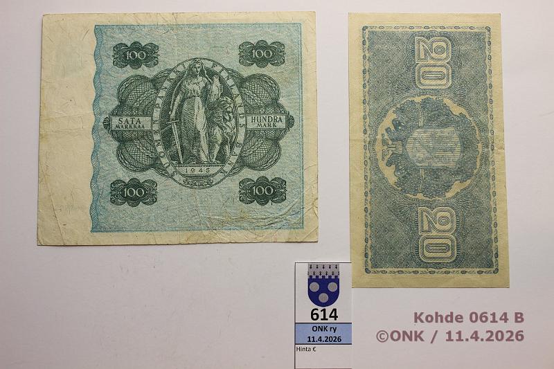 k-0614-b.jpg - Kohde 614 (kuva 2/2), l�ht�hinta: 5 &euro; / myyntihinta: 5 &euro; 20 + 100 mk 1945 LA, LB SNY 160.1.1, 180.2.1  20mk  LA A..RAI-AAs;  100mk  LB A..KEK-Car, eprep, kunto: 5, 4