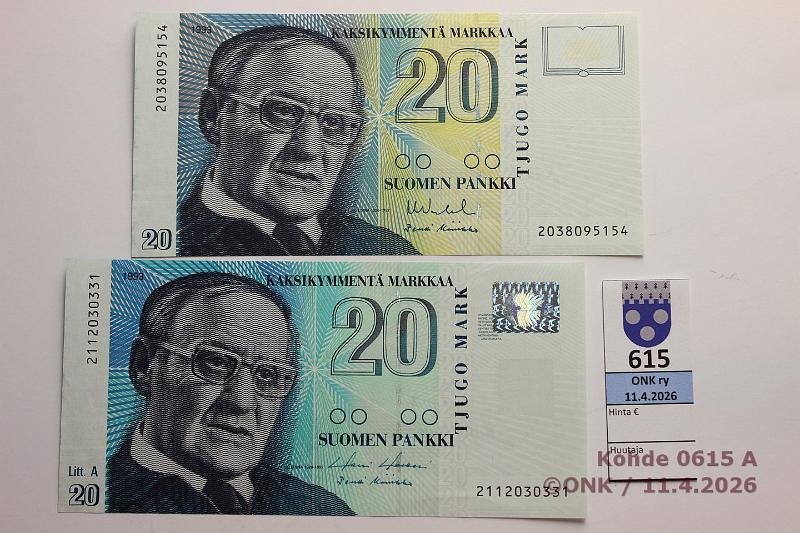 k-0615-a.jpg - Kohde 615, l�ht�hinta: 8 &euro; / myyntihinta: 12 &euro; 20 mk 1993 (2) SNY 161.1+.2  ei Litt  203..VA II-Ko2;  LA  211..HOL-Ko2, painuma, kunto: 9