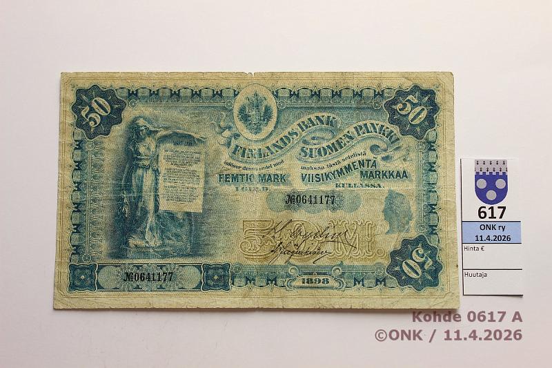 k-0617-a.jpg - Kohde 617 (kuva 1/2), l�ht�hinta: 100 &euro; / myyntihinta: 115 &euro; 50 mk 1898 SNY 164.3 0641177 WEG-J�g, keskireik�, prep�, kunto: 3