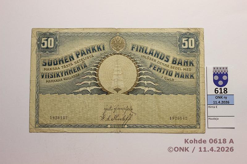 k-0618-a.jpg - Kohde 618 (kuva 1/2), l�ht�hinta: 100 &euro; / myyntihinta: 100 &euro; 50 mk 1909 SNY 165.1.1 1926142 J�R-The, neulanreiki�, prep�, kunto: 3