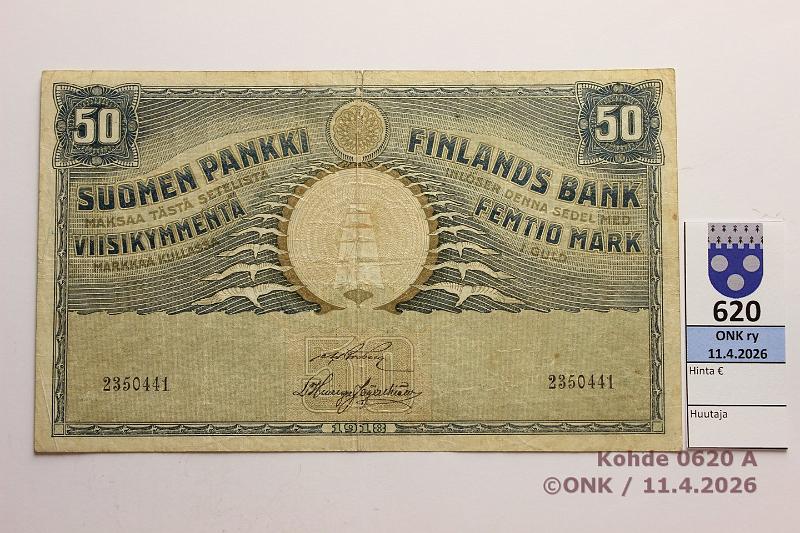 k-0620-a.jpg - Kohde 620 (kuva 1/2), l�ht�hinta: 100 &euro; / ei tarjouksia 50 mk 1918 SNY 166.1 2350441 BRG-His, 10mm saumarep, kunto: 3