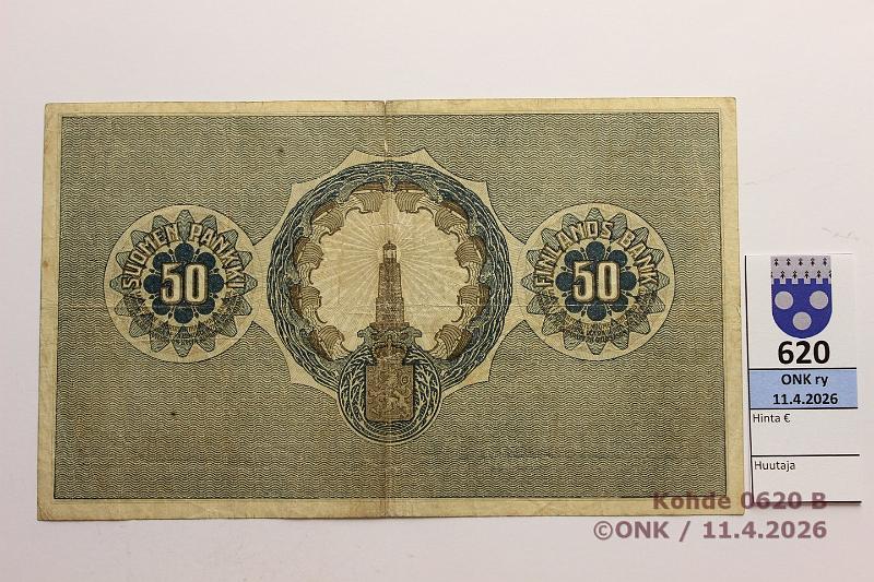 k-0620-b.jpg - Kohde 620 (kuva 2/2), l�ht�hinta: 100 &euro; / ei tarjouksia 50 mk 1918 SNY 166.1 2350441 BRG-His, 10mm saumarep, kunto: 3