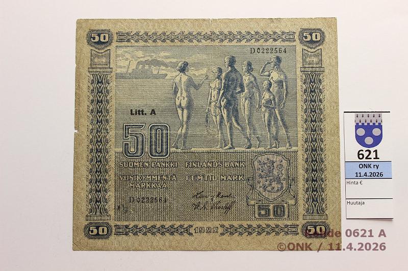 k-0621-a.jpg - Kohde 621 (kuva 1/2), l�ht�hinta: 100 &euro; / myyntihinta: 100 &euro; 50 mk 1922 LA SNY 167.2 D0222564 HEU-The, rep�, reiki�, kunto: 3