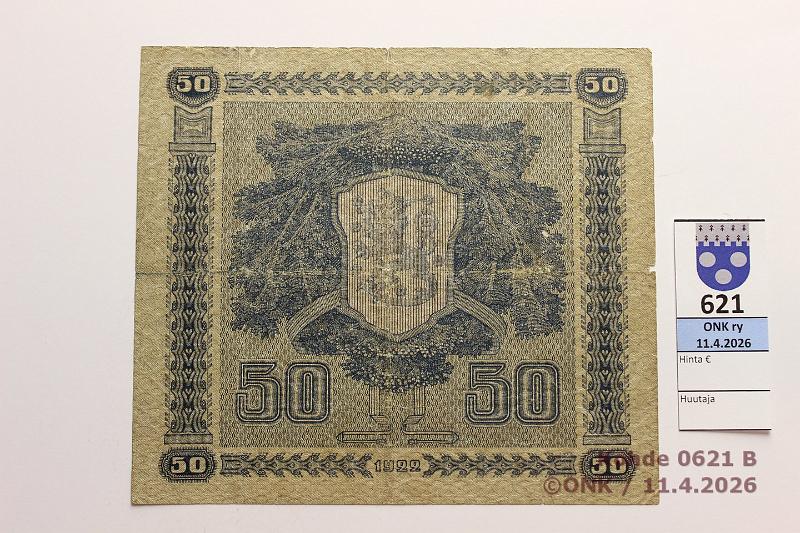 k-0621-b.jpg - Kohde 621 (kuva 2/2), l�ht�hinta: 100 &euro; / myyntihinta: 100 &euro; 50 mk 1922 LA SNY 167.2 D0222564 HEU-The, rep�, reiki�, kunto: 3