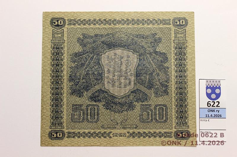 k-0622-b.jpg - Kohde 622 (kuva 2/2), l�ht�hinta: 50 &euro; / myyntihinta: 50 &euro; 50 mk 1922 LC SNY 167.4.1 R0929884 RAN-Wah, kunto: 5