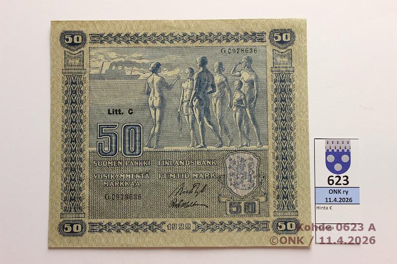 k-0623-a.jpg - Kohde 623 (kuva 1/2), l�ht�hinta: 90 &euro; / myyntihinta: 150 &euro; 50 mk 1922 LC SNY 167.4.1 G097863 RYT-Wah, kulmataitteet, painumia, kova paperi, kunto: 7