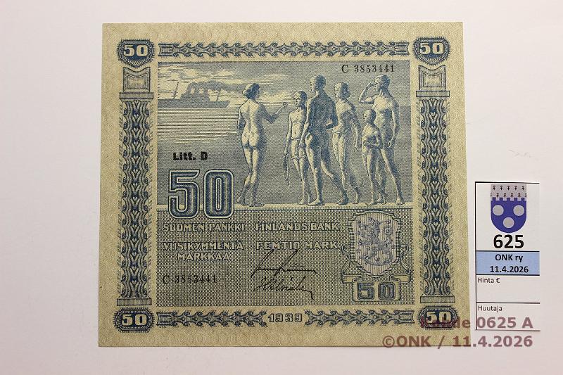 k-0625-a.jpg - Kohde 625 (kuva 1/2), l�ht�hinta: 70 &euro; / myyntihinta: 72 &euro; 50 mk 1939 LD SNY 168.2 C3853441 RAI-Als, painumia, ei taitteita, kunto: 9
