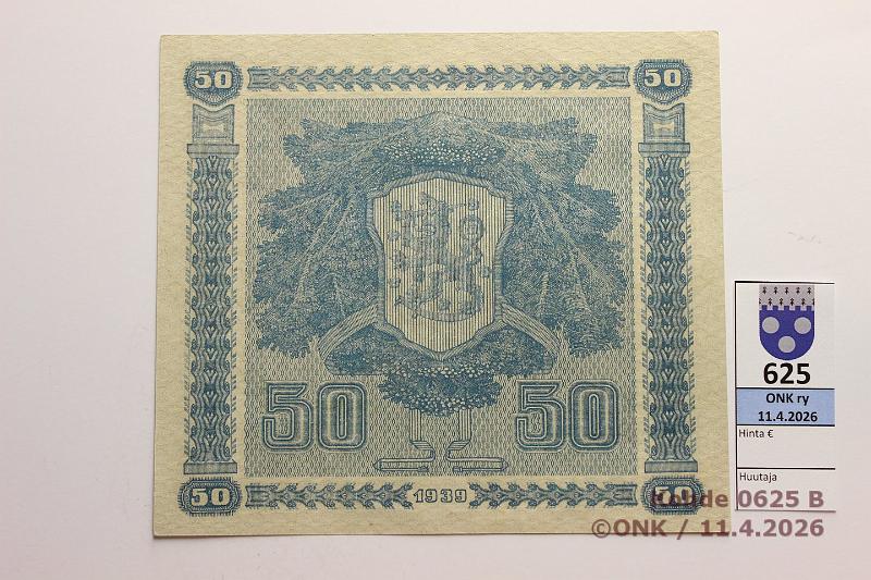 k-0625-b.jpg - Kohde 625 (kuva 2/2), l�ht�hinta: 70 &euro; / myyntihinta: 72 &euro; 50 mk 1939 LD SNY 168.2 C3853441 RAI-Als, painumia, ei taitteita, kunto: 9