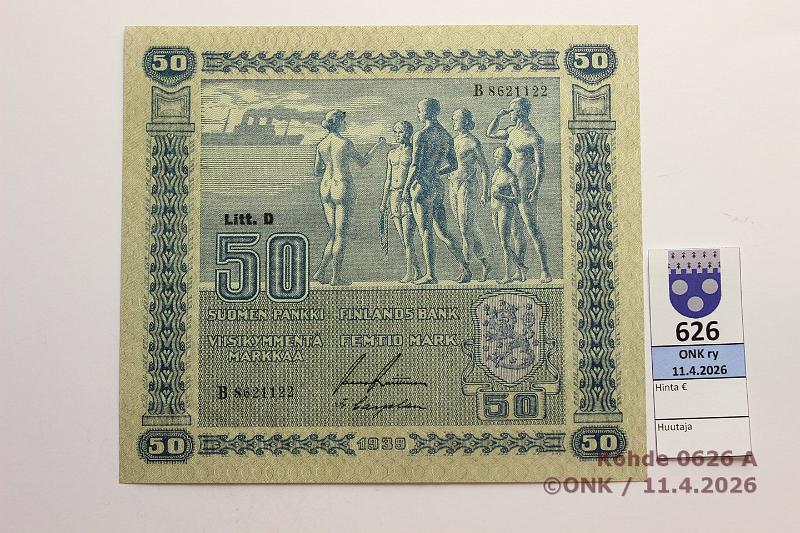 k-0626-a.jpg - Kohde 626 (kuva 1/2), l�ht�hinta: 70 &euro; / myyntihinta: 86 &euro; 50 mk 1939 LD SNY 168.2 B8621122 RAI-Car vl2, kulmassa painumat, ei taitteita, kova paperi, kunto: 9