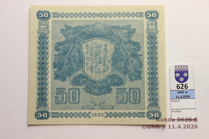 k-0626-b.jpg - Kohde 626 (kuva 2/2), l�ht�hinta: 70 &euro; / myyntihinta: 86 &euro; 50 mk 1939 LD SNY 168.2 B8621122 RAI-Car vl2, kulmassa painumat, ei taitteita, kova paperi, kunto: 9