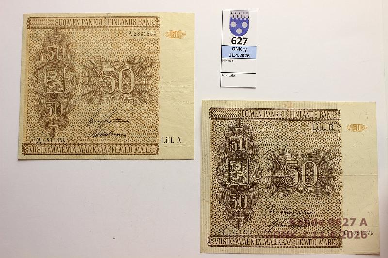 k-0627-a.jpg - Kohde 627, l�ht�hinta: 25 &euro; / ei tarjouksia 50 mk 1945 LA, LB SNY 169.1.1+.4.1  LA  A6831850 RAI-Wah 9mm saumarep, neulanreik�;  LB  C1791276 KIV-AAs, kunto: 4, 6
