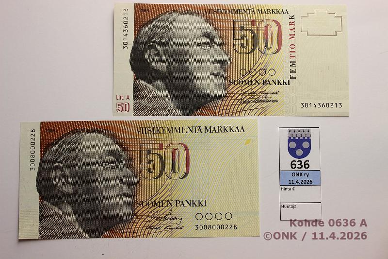 k-0636-a.jpg - Kohde 636 (kuva 1/2), l�ht�hinta: 20 &euro; / myyntihinta: 36 &euro; 50 mk 1986 (2) SNY 172.1.1, 172.3  ei Litt  3008000228 KU I-Pu1, pienehk� nro;  LA  3014360213 PU II-H�2, kunto: 10, 8