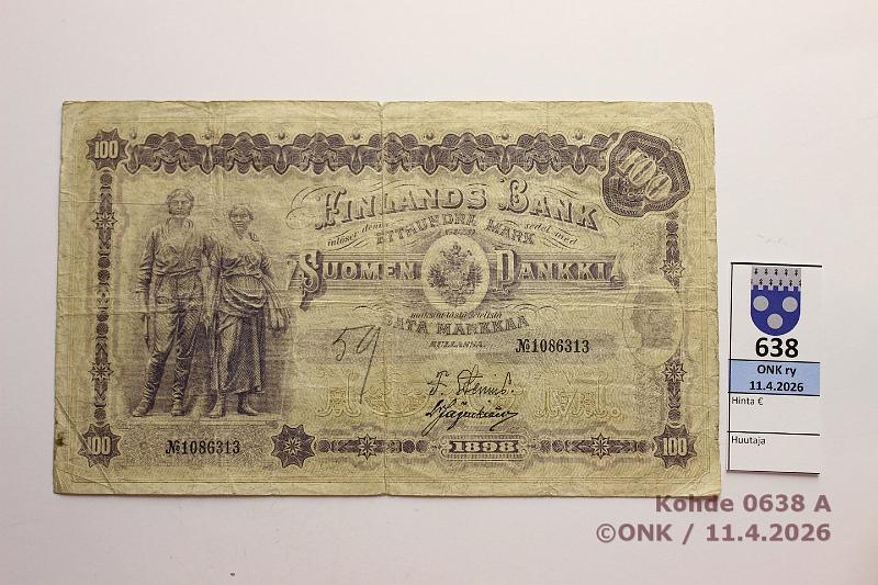 k-0638-a.jpg - Kohde 638 (kuva 1/2), l�ht�hinta: 55 &euro; / myyntihinta: 65 &euro; 100 mk 1898 SNY 175.3 1086313 STS-J�g, prep�, keskireik�, tahroja, km, kunto: 3