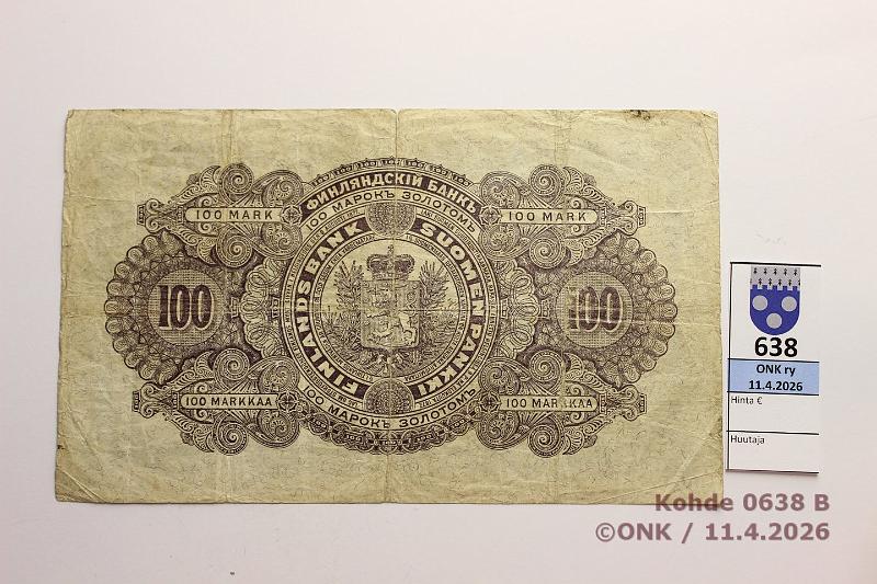 k-0638-b.jpg - Kohde 638 (kuva 2/2), l�ht�hinta: 55 &euro; / myyntihinta: 65 &euro; 100 mk 1898 SNY 175.3 1086313 STS-J�g, prep�, keskireik�, tahroja, km, kunto: 3